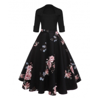 Floral Midi Vintage Flare Dress - Black